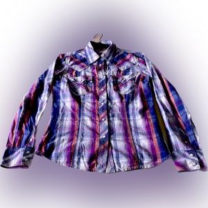 True Religion purple plaid long sleeve button up. Size M.